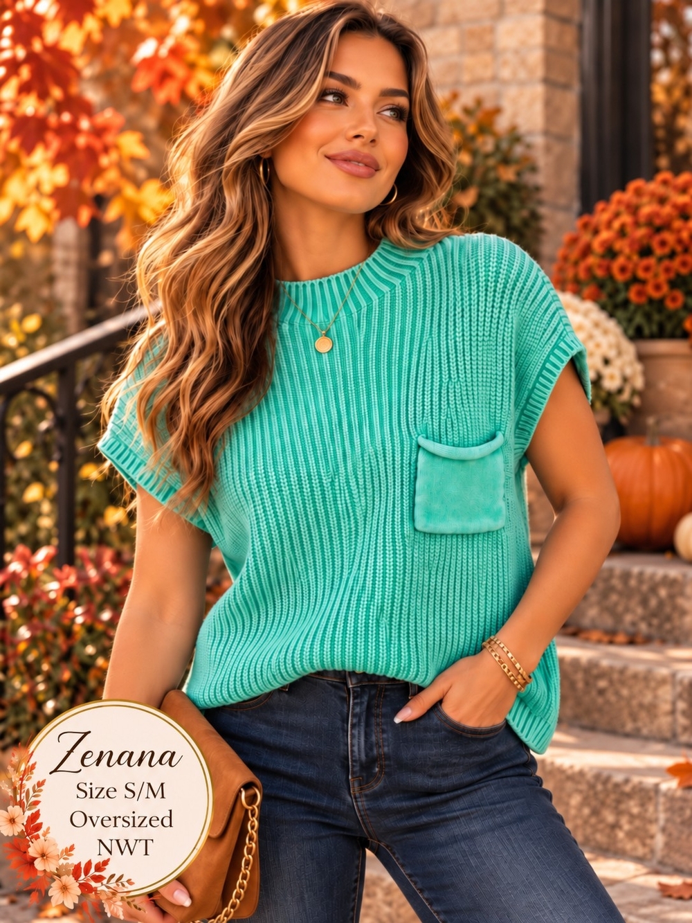 Zenana NWT Seafoam Green Oversized Ribbed Pocket Sweater Top S/M